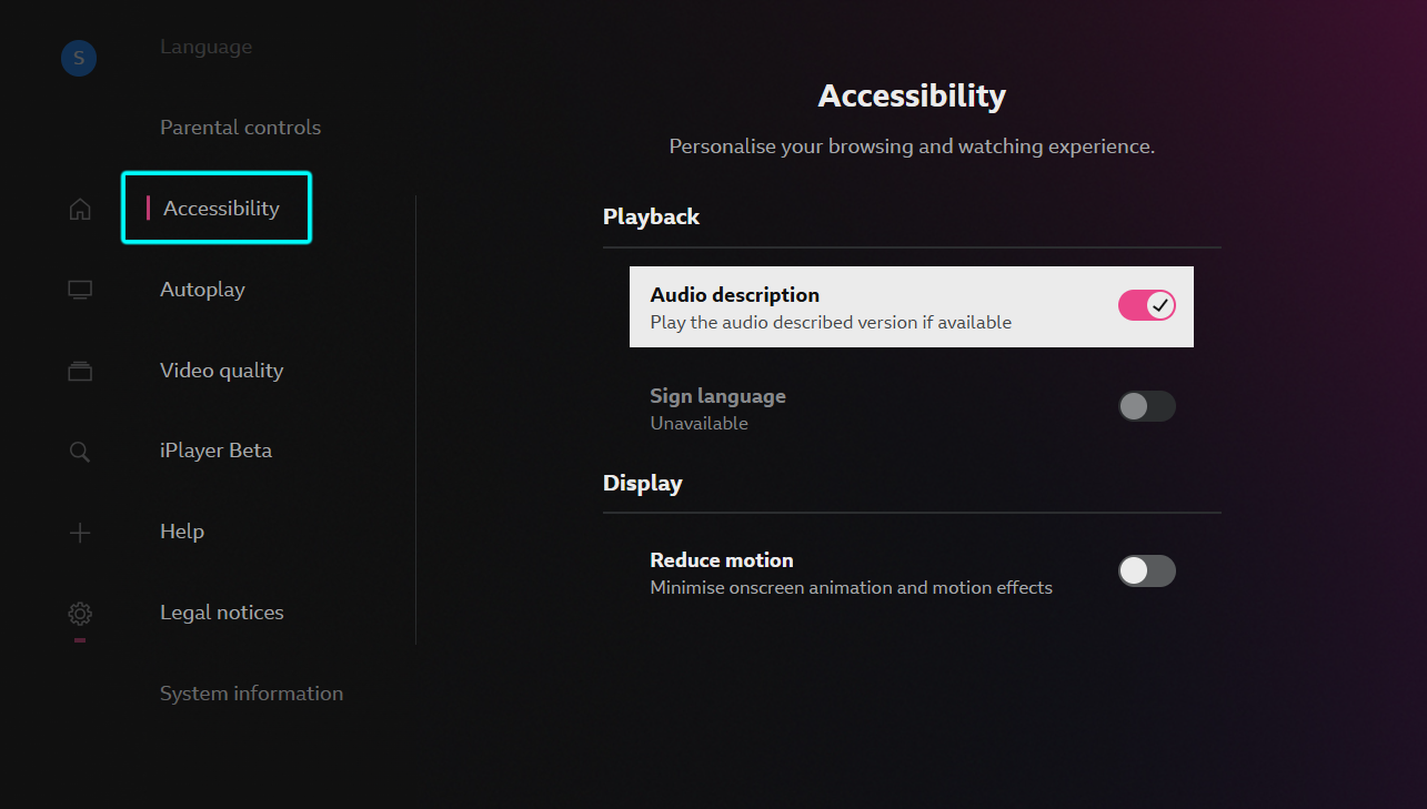 Image of the accessibility menu on the TV app Settings. The Audio description option is switched on meaning if a selected programme is available with AD, it will play without having to select it separately
