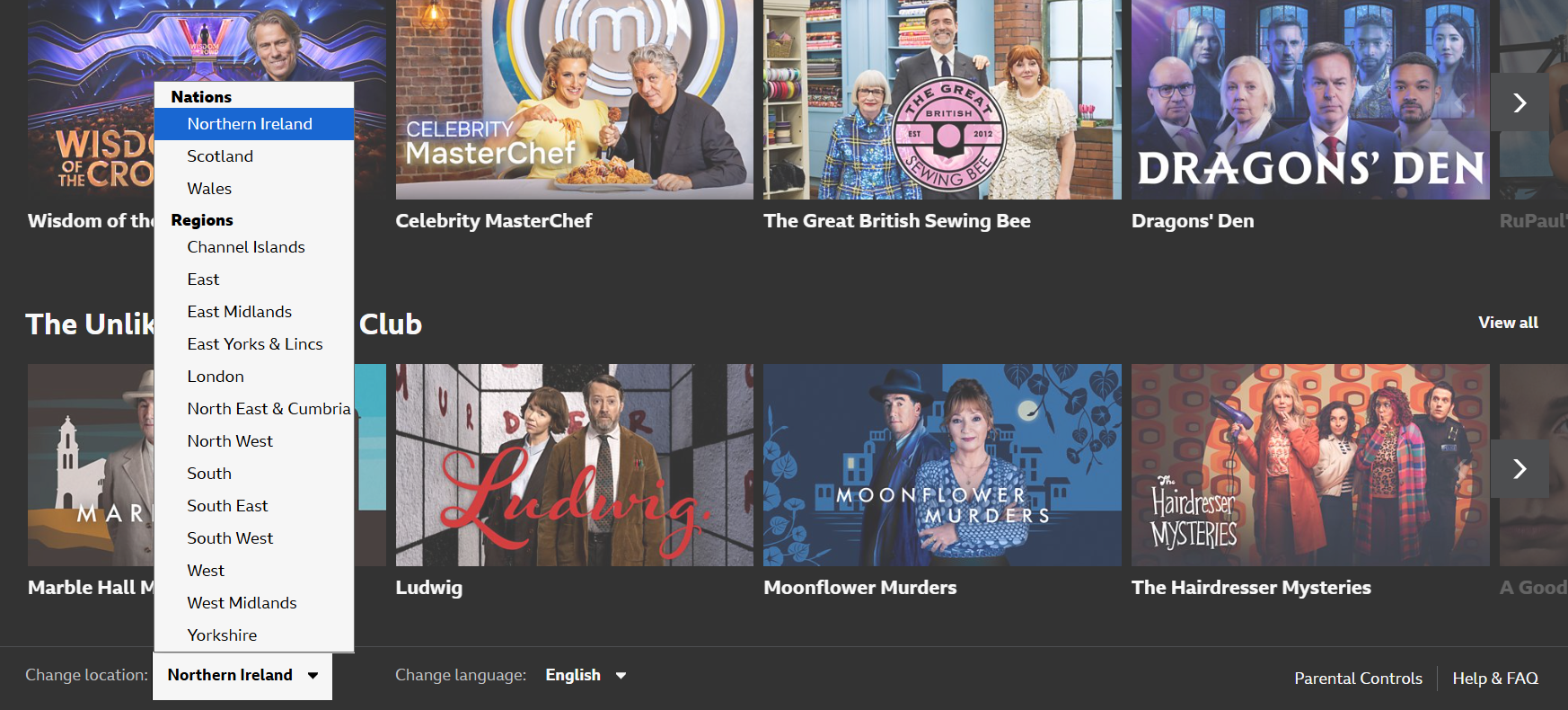 Image from the BBC iPlayer website homepage. The location option is highlighted at the bottom of the screen while the drop-down menu is shown