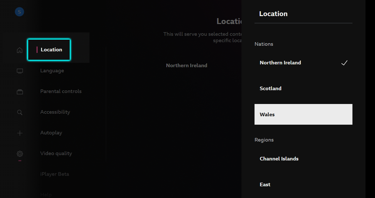 Image of the Settings page on the iPlayer TV app. The 'Location' button is highlighted, and the location options panel is open on the right-hand side