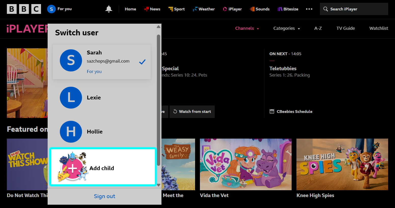 Image showing the 'Switch user' screen on the BBC iPlayer website. The 'Add child' option is highlighted