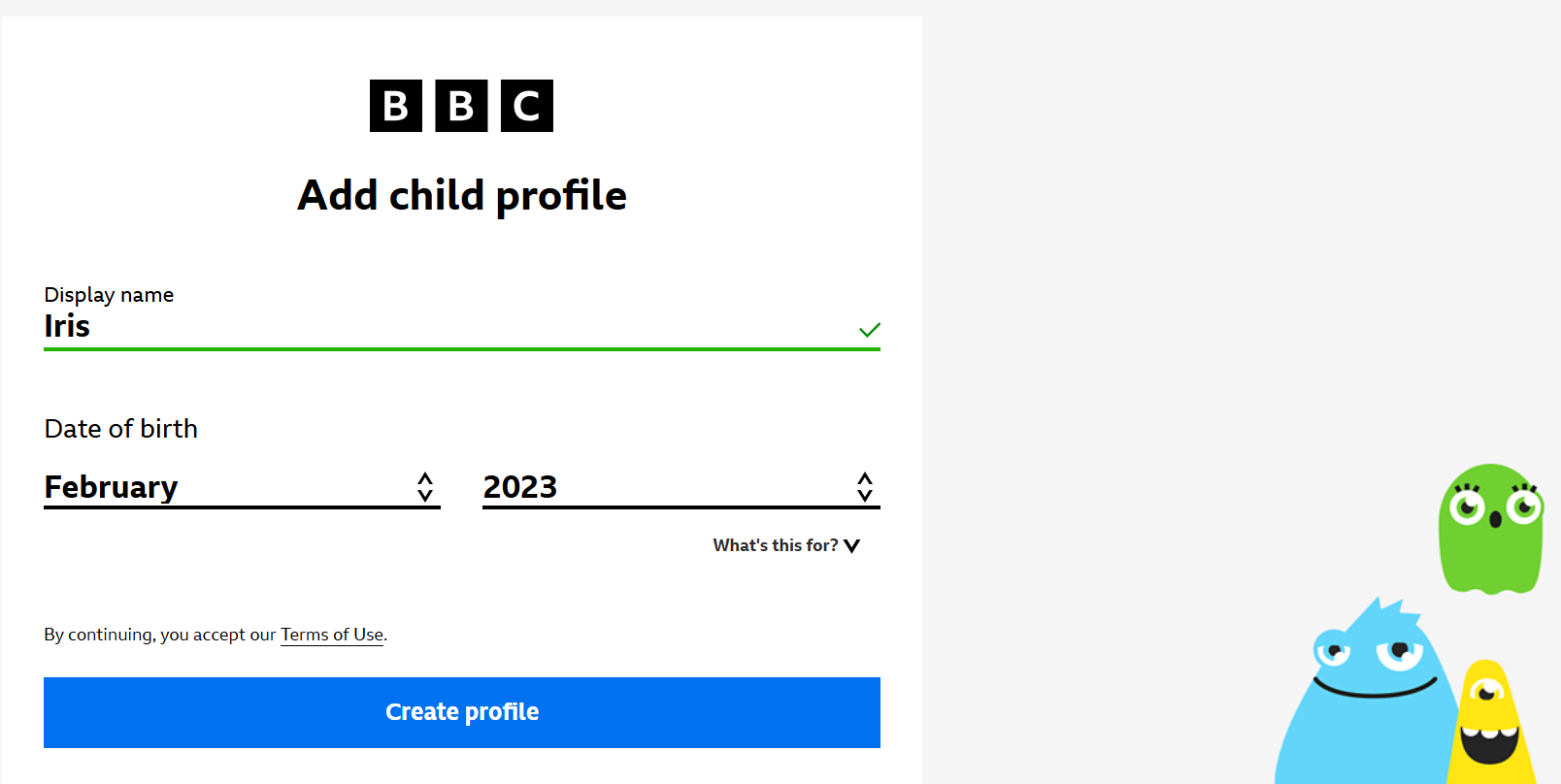 Image from the iPlayer website showing the create a child screen. The Display name and Date of birth has been entered