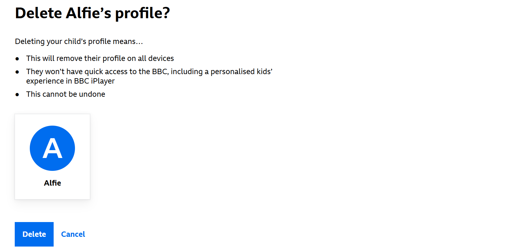 Imagine from the BBC website showing the child profile deletion screen. A profile is deleted with the option to delete underneath