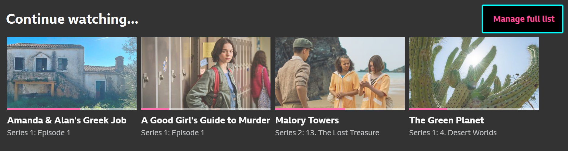 Image showing the Continue watching menu on the iPlayer website. The 'Manage full list' option is highlighted