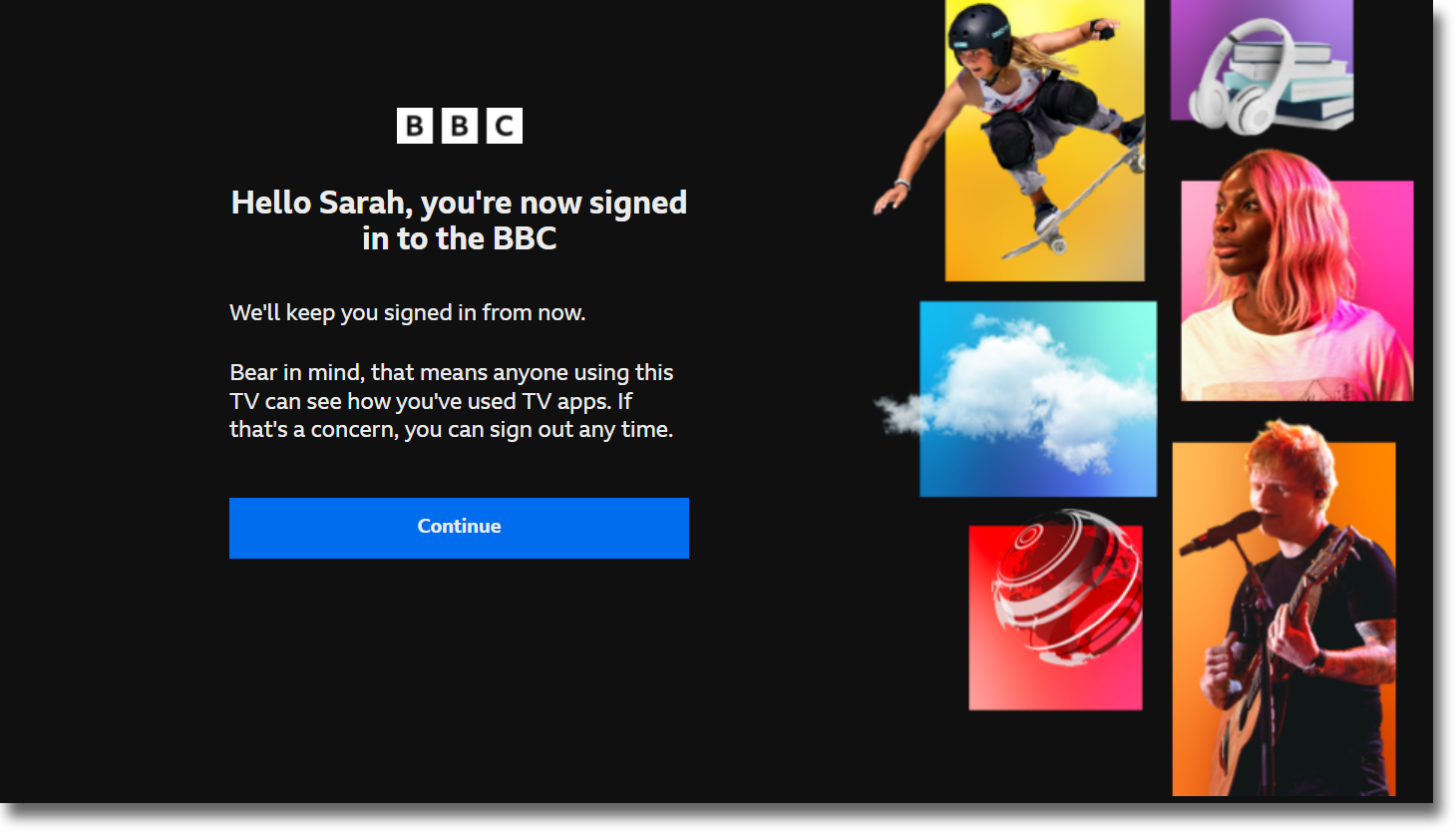 confirmation screen on the TV app welcoming the user to the app