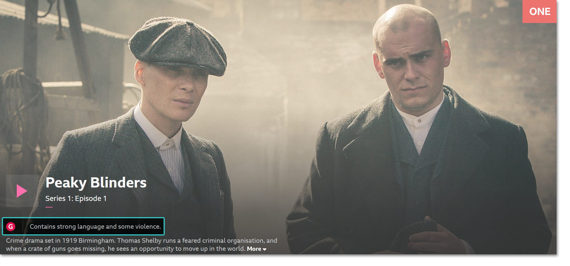 Image of an episodes of a programme with a guidance label. The 'G' and warning are highlighted.