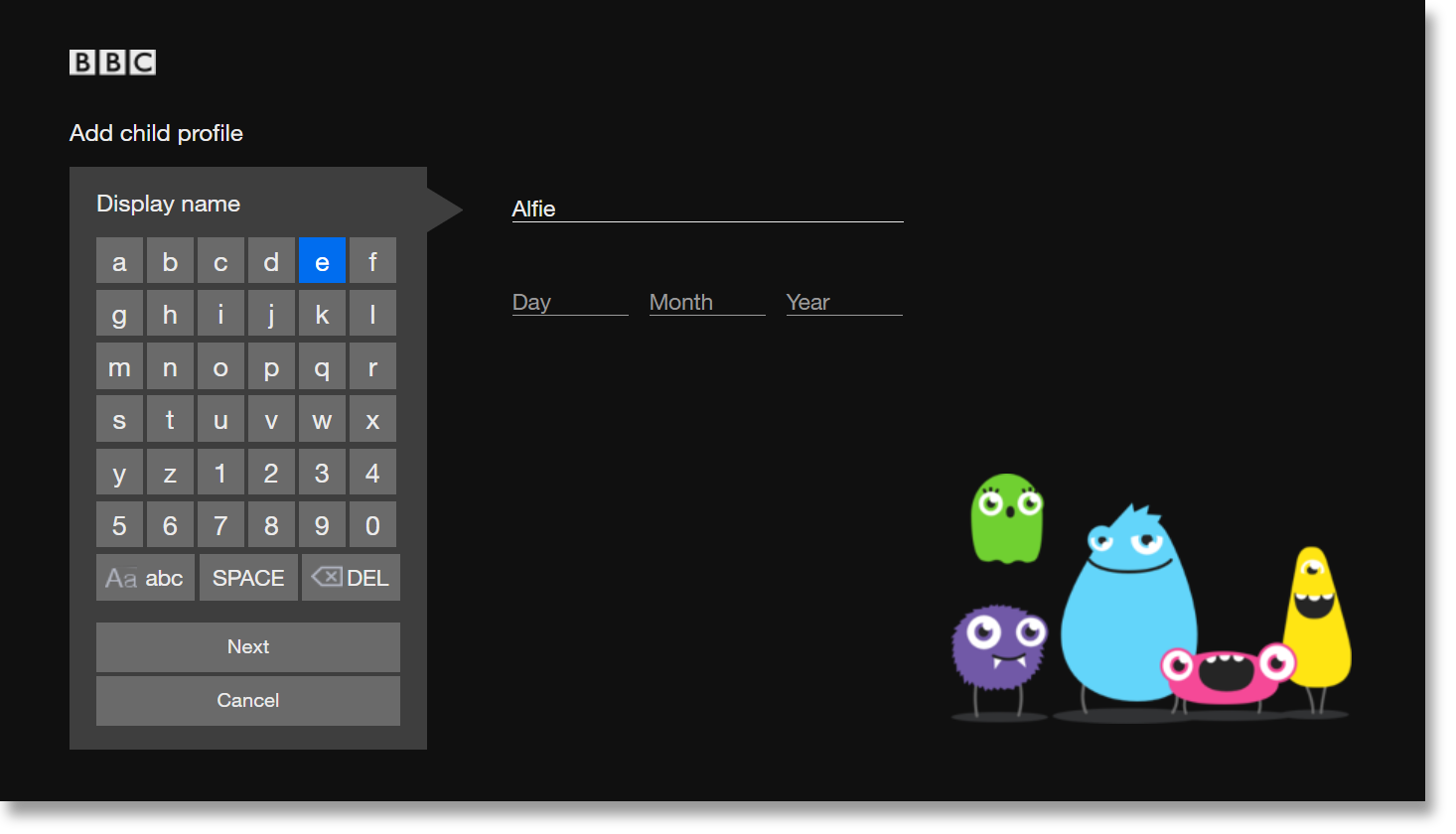 Screenshot of the Create a Child Profile page on the BBC iPlayer TV app