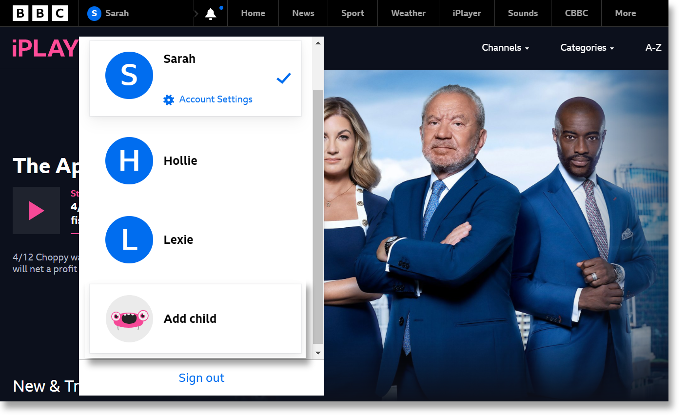 Screenshot of the Select User page on the iPlayer website highlighting the Add Child button