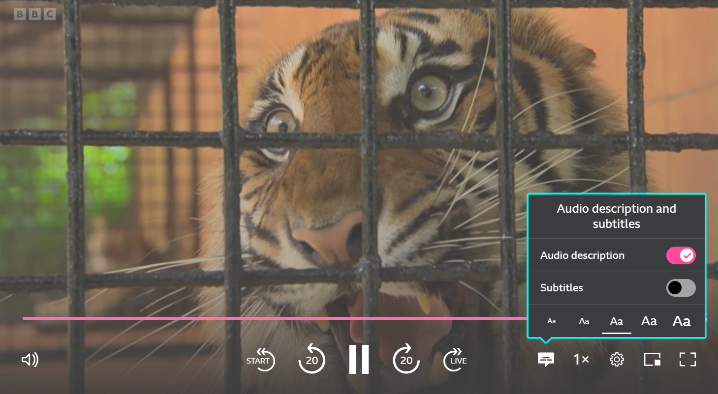 Image of the playback screen on the iPlayer website with the speech bubble accessibility options highlighted. The AD toggle is 'ON'