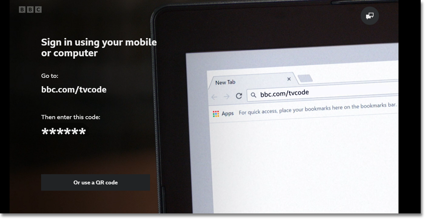 Imagine showing the sign in page of the iPlayer app, featuring the URL, the 6-digit code and the option to use a QR code