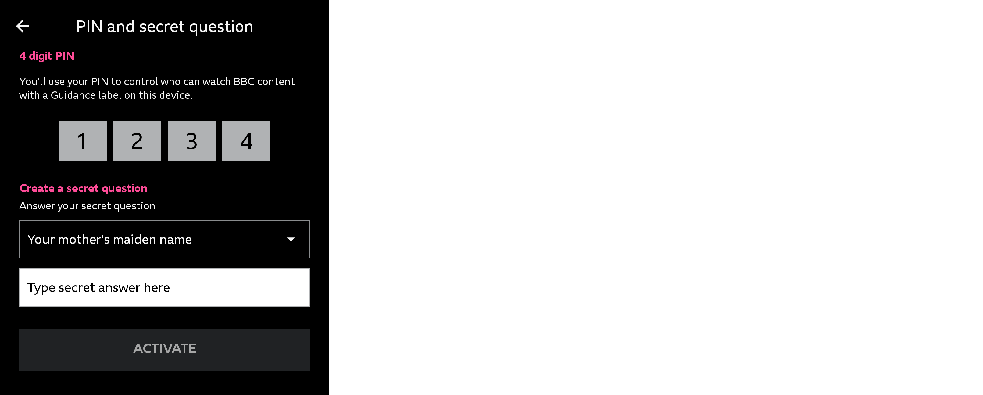 Image of the PIN creation page on the iPlayer mobile app
