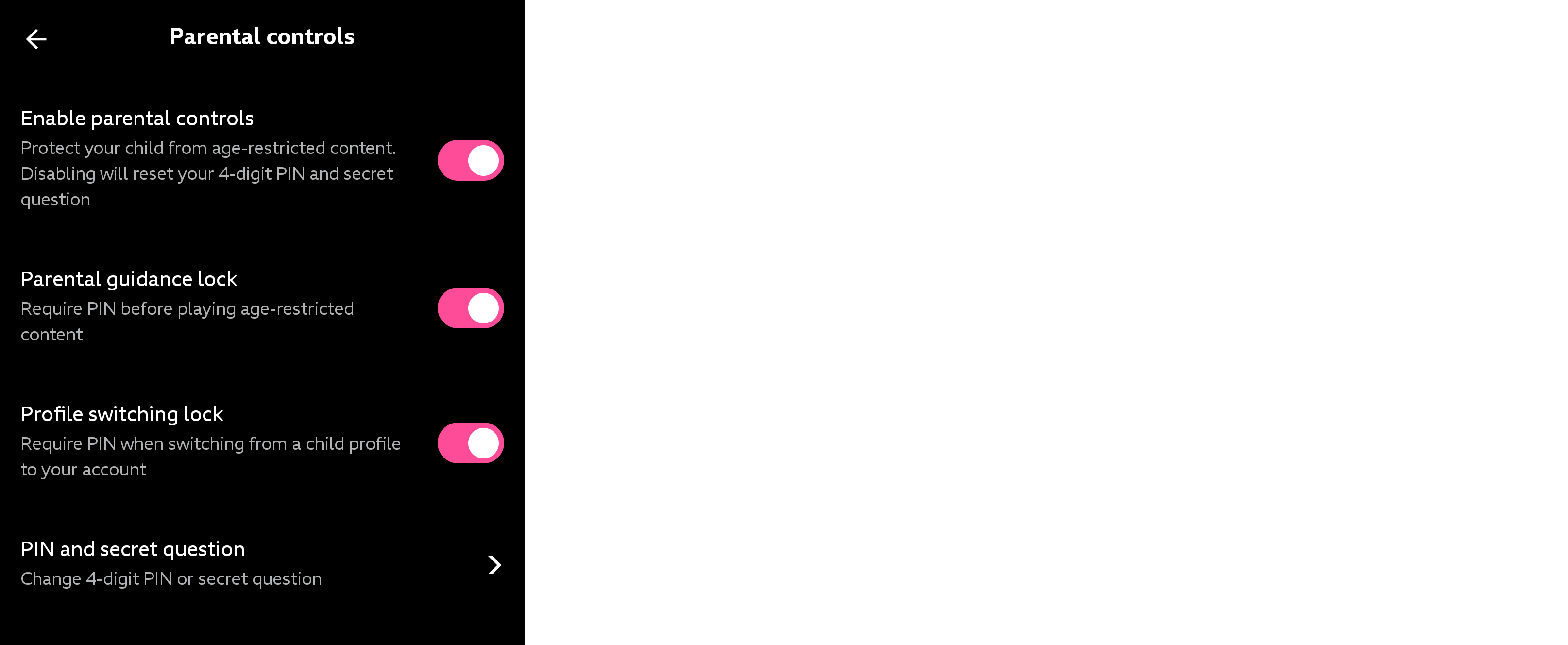 Image of the parental controls options with all options enabled