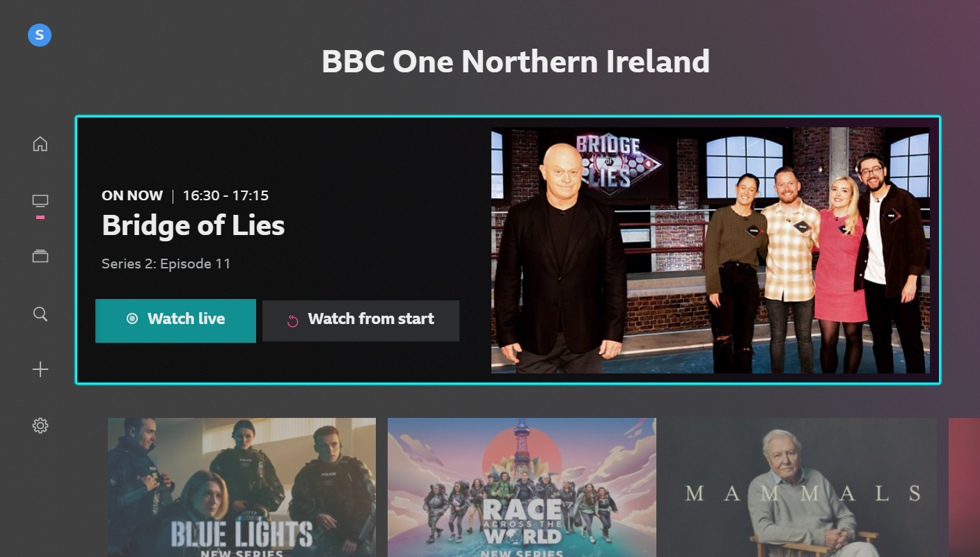 Image from the Channels page of the iPlayer TV app. The 'On now' panel is highlighted with both the 'live' and' watch from start' buttons available