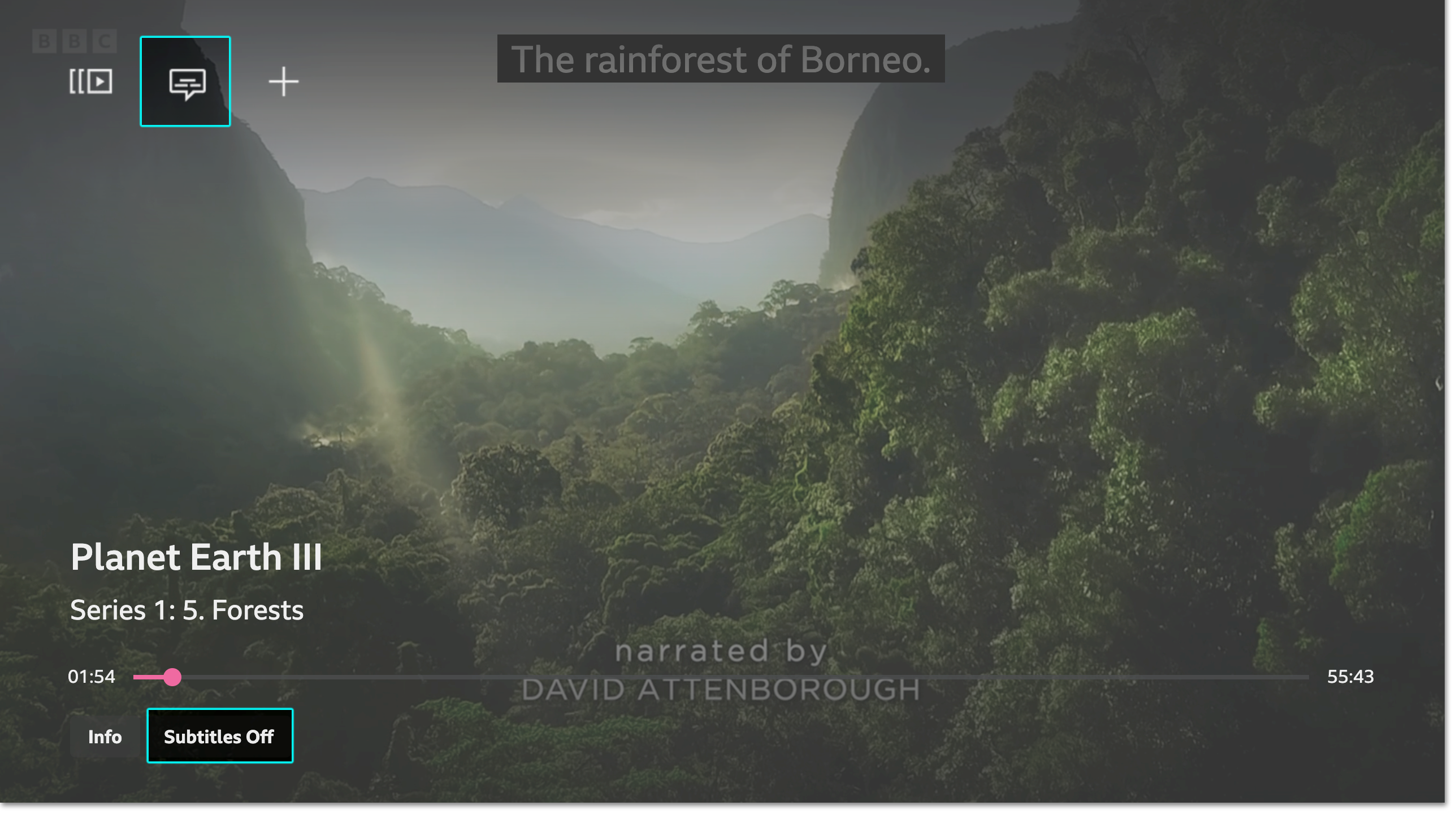 Screenshot of the TV playback screen with the subtitles icon highlighted