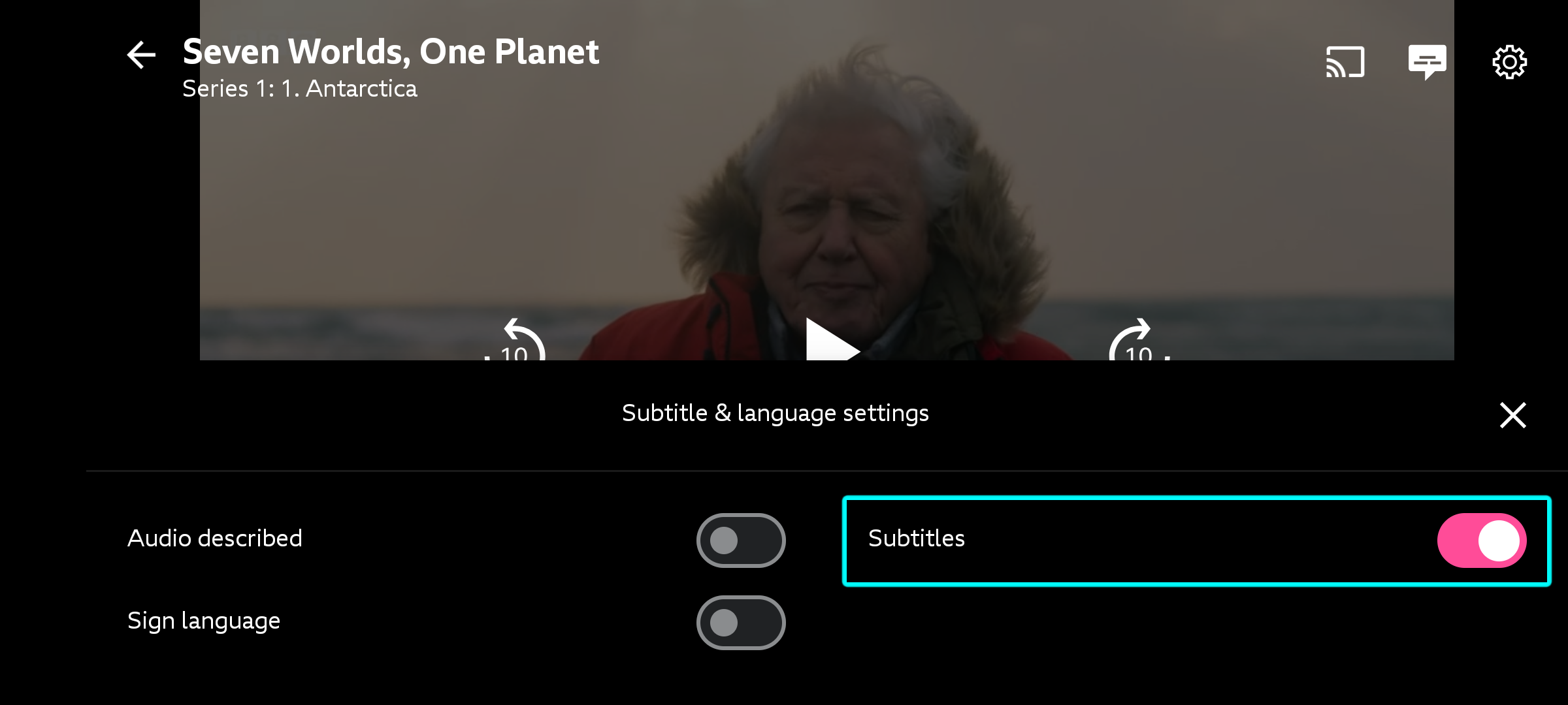 Image showing the playback screen on the mobile app. The accessibility menu is displayed with the subtitles option highlighted