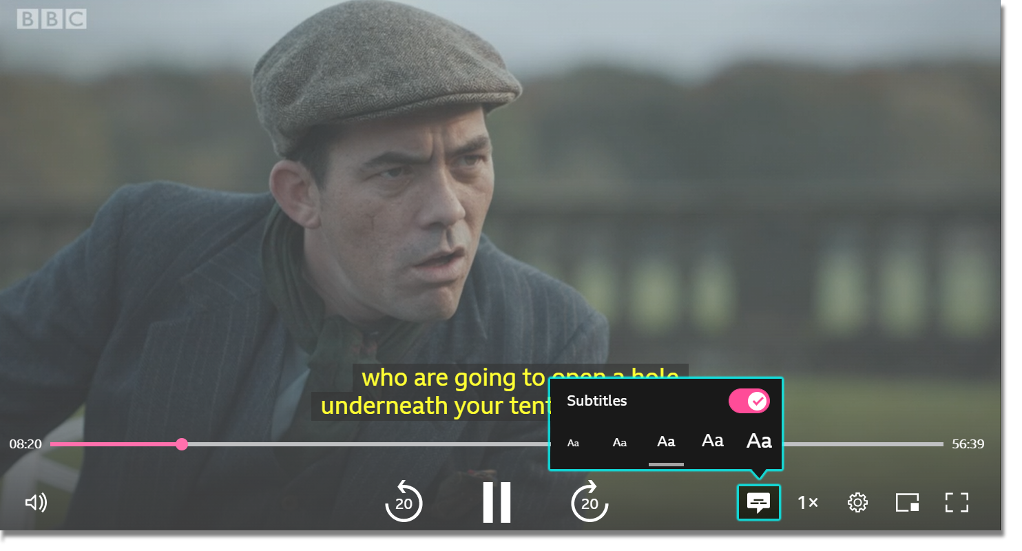 Image showing the playback screen on the iPlayer website. The Speech Bubble icon has been clicked and the subtitle options can be seen