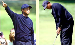 Tiger Woods points at a poor shot by his standards but still putts for par