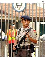 Guard outside US Embassy in Jakarta