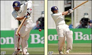Sachin Tendulkar fends off a delivery (left) and hooks for four (right)