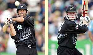 Fleming plays the pull shot as Scott Styris waits at the crease