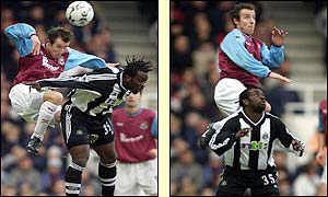 Lee Bowyer pressures Newcastle's Olivier Bernard on his debut for West Ham