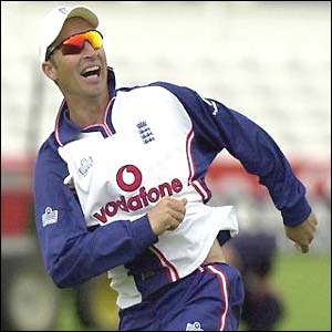 Nasser Hussain has a laugh in training