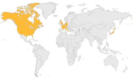 Map of the world showing G7 nations