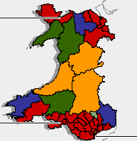 A map of Wales showing its political make up.