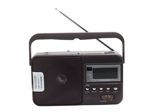 picture of black analogue radio with handle and ariel