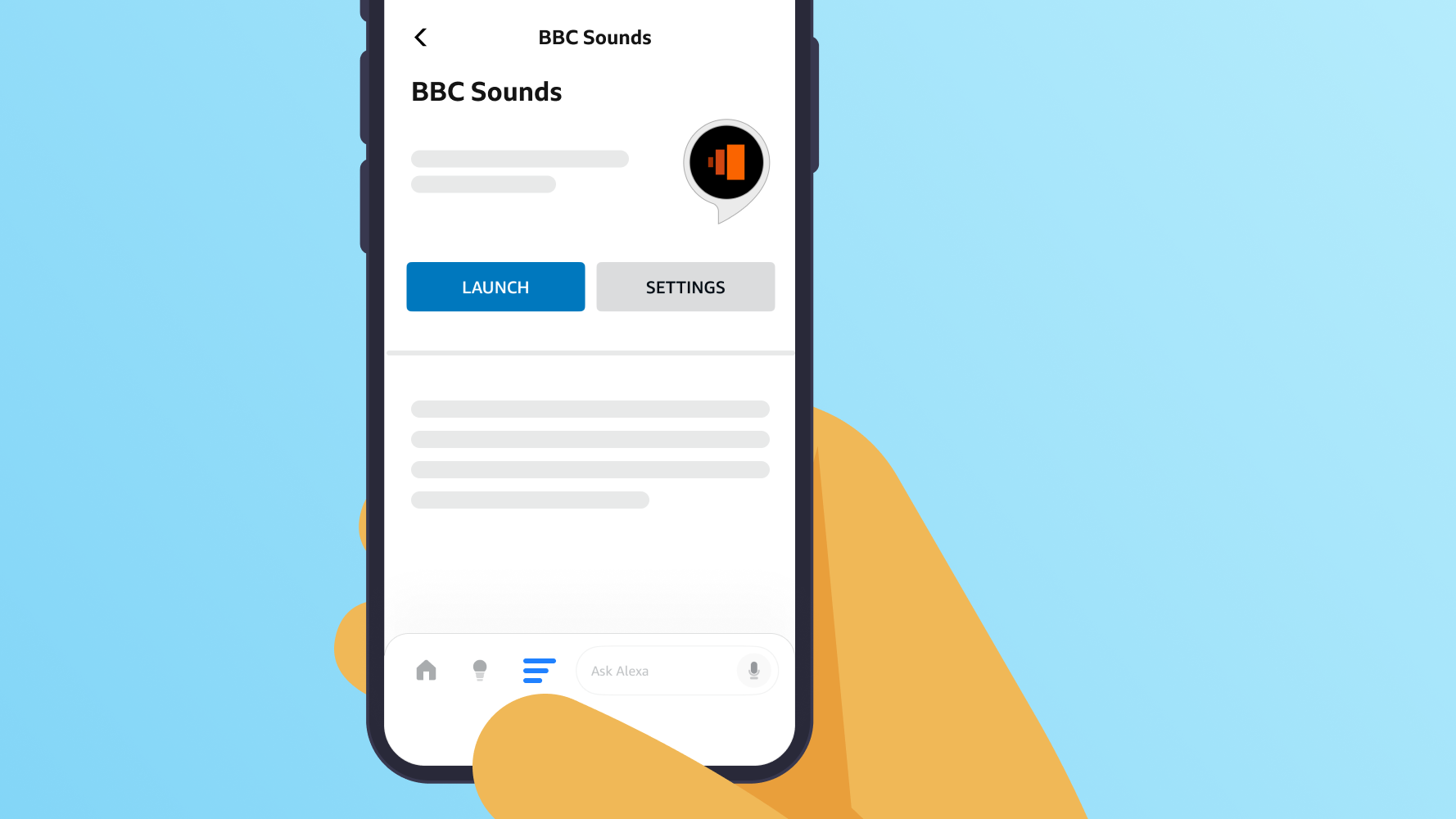 The BBC Sounds skill page in the Alexa app.