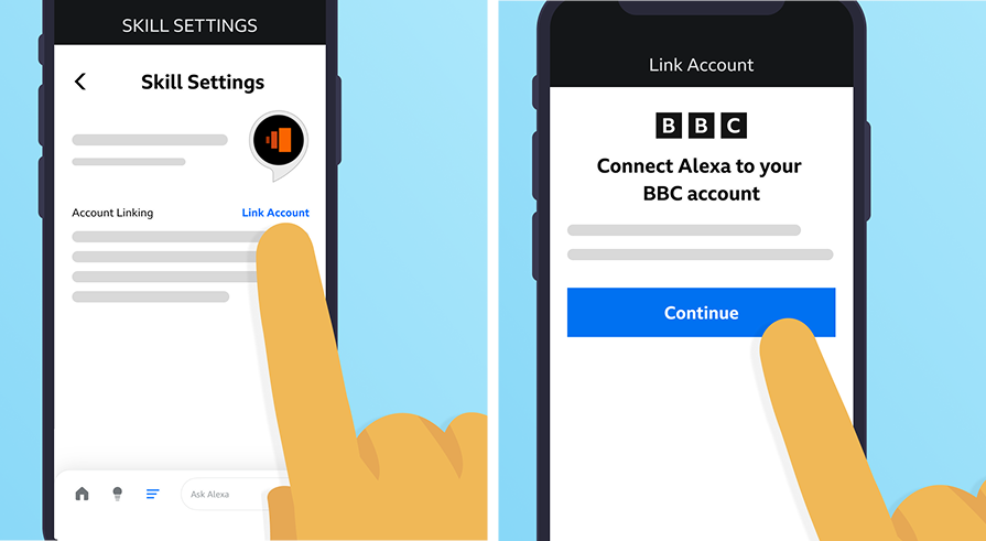 There are two images, the first shows the user selecting “Link account” from the sounds skill settings page, and the other shows the “Connect Alexa to your BBC account” screen with the user tapping Continue.