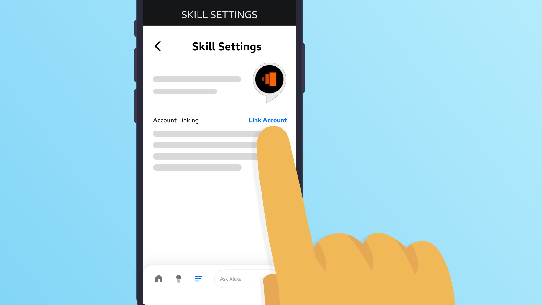 The BBC Sounds skill settings screen shown after scanning a QR code, where the user selects Link account.
