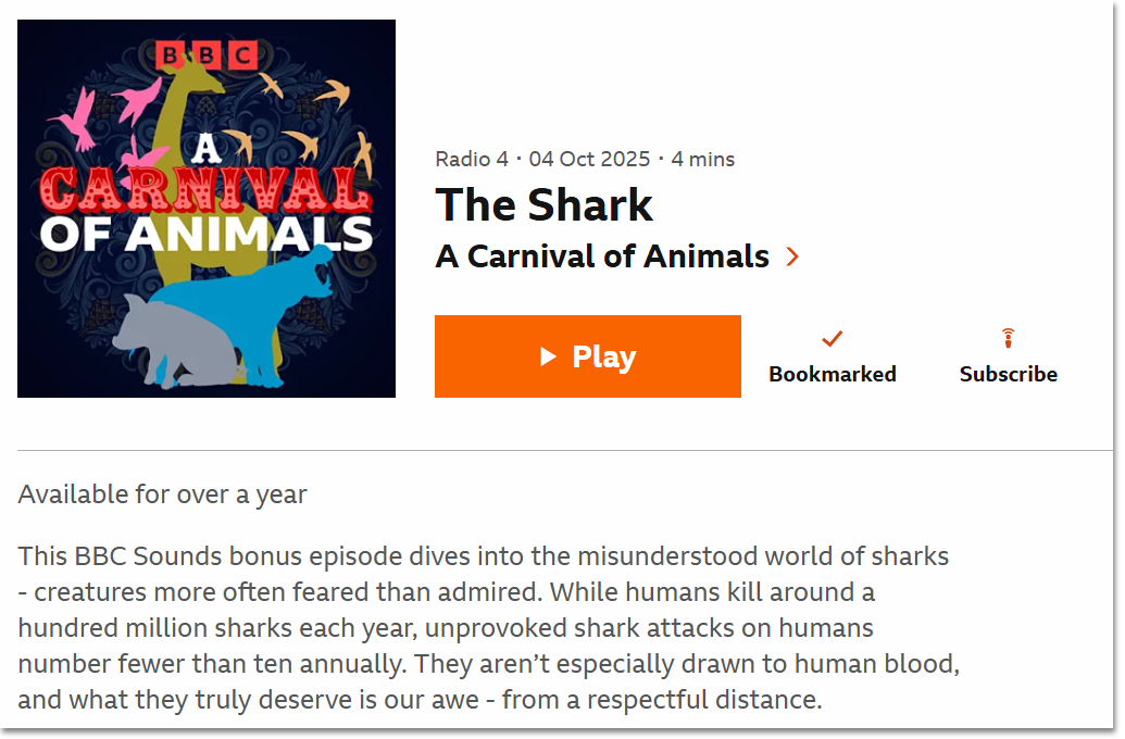 Image from the BBC Sounds website showing the full episode page. The option to bookmark and subscribe are visible next to the play icon