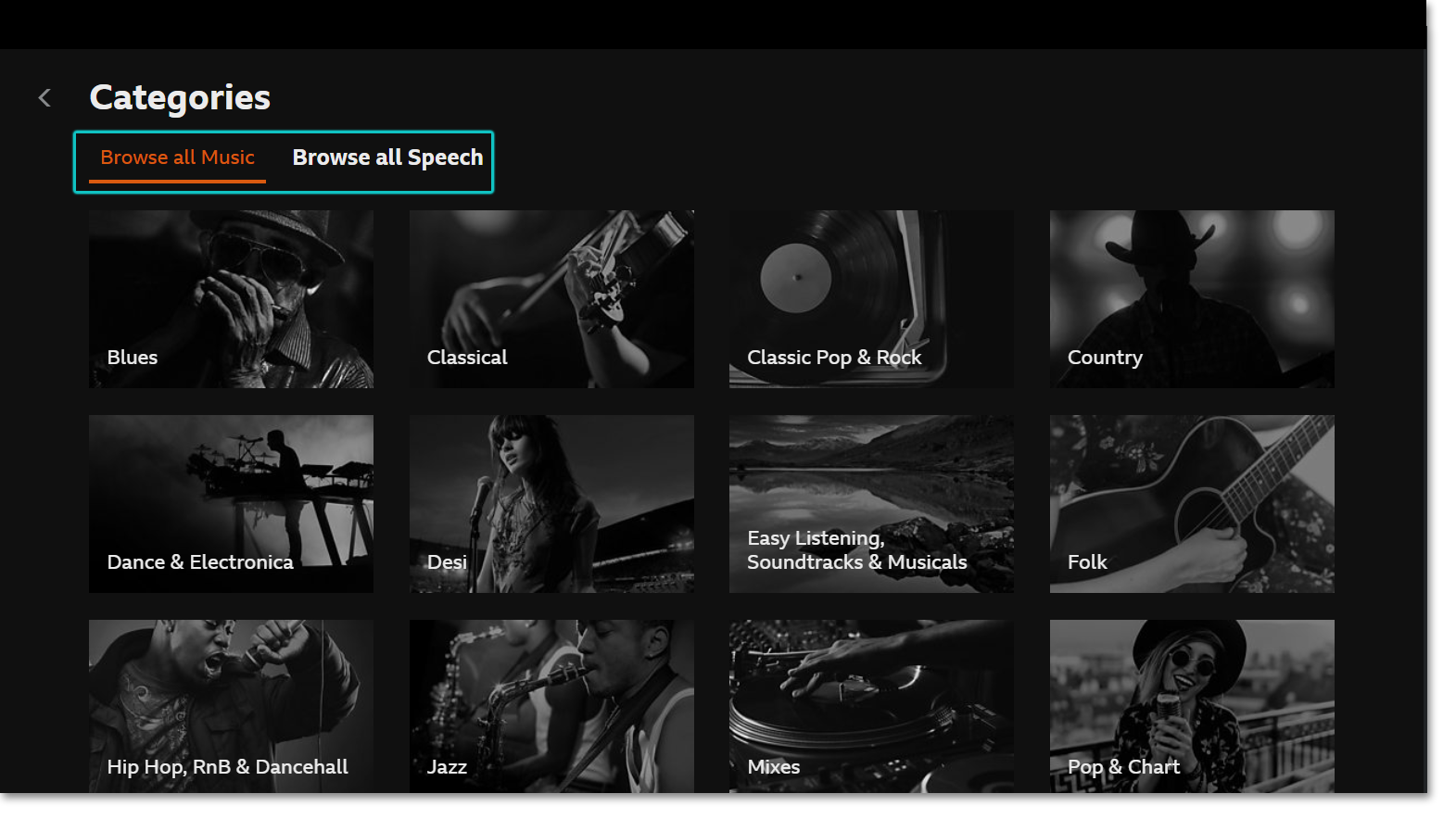 Screenshot of the 'All Categories' page on the BBC Sounds TV app, highlighting the speech and music tabs
