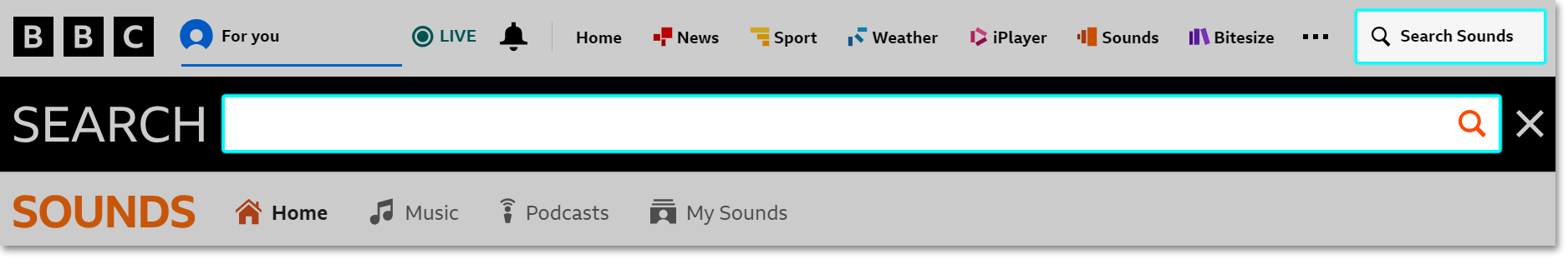 Image from the BBC Sounds website highlighting the search box on the top right and in the middle at the top