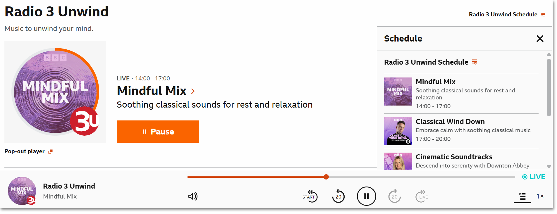 Image showing the live listening page on the BBC Sounds website. The navigation bar is at the bottom and the play queue is open showing the upcoming programmes in the schedule