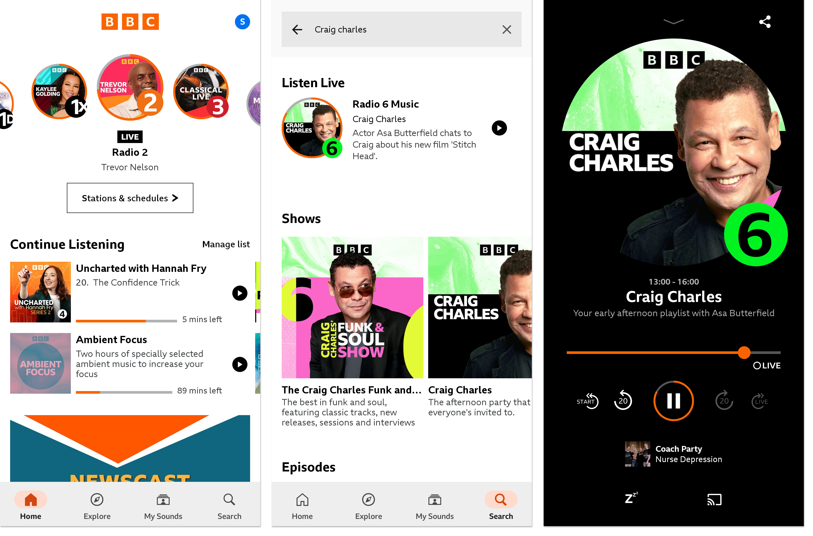 Three images from the BBC Sounds mobile app. The first shows the homepage with the stations dial visible at the top. The second shows the search results when searching for a live programme. The third shows the playback screen