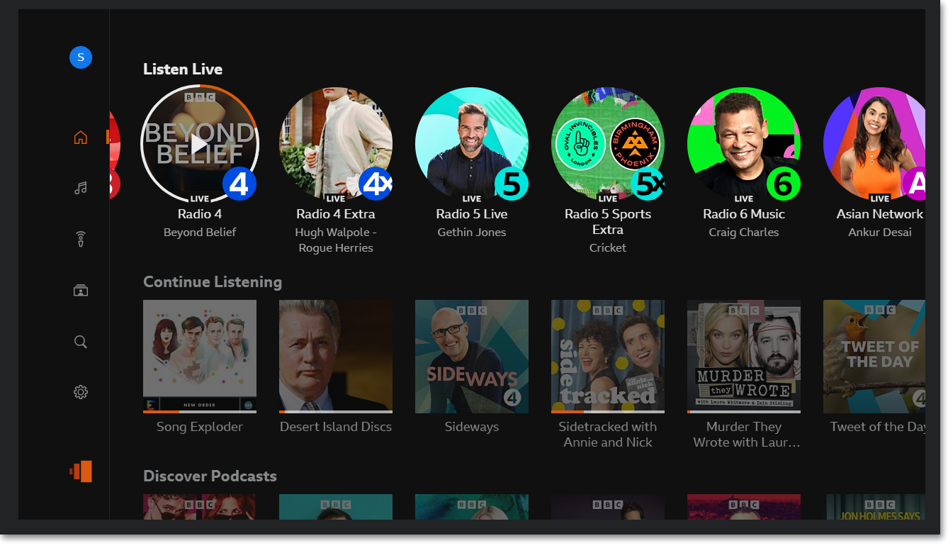 Image showing the homepage of the BBC Sounds TV app with the 'Listen Live' and station rail visible at the top
