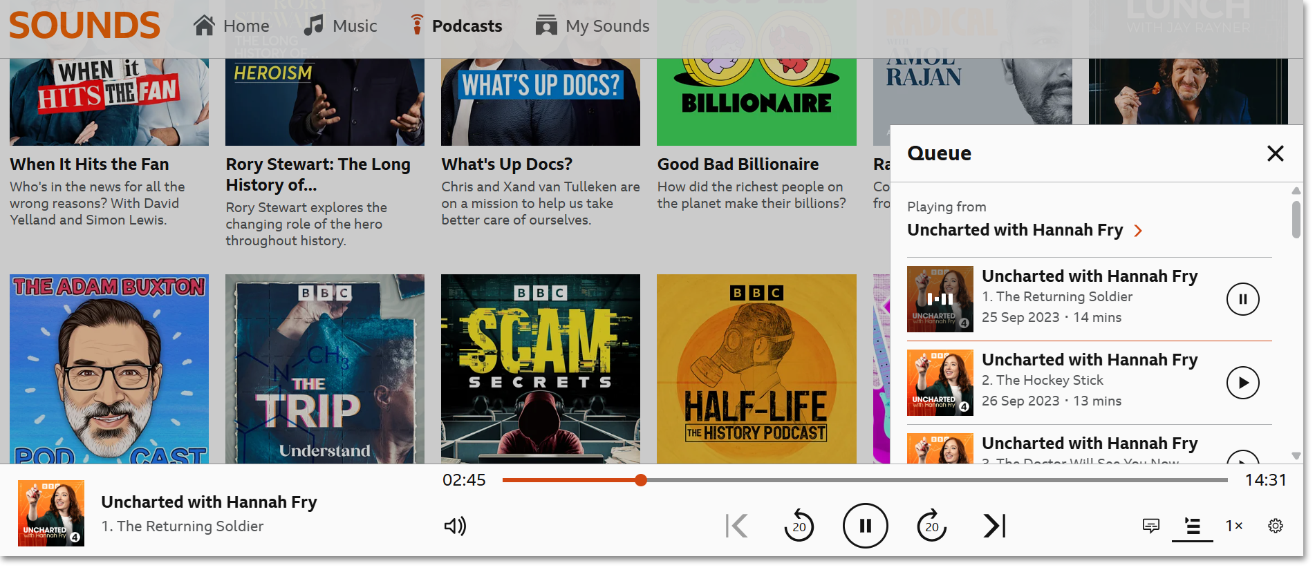 Image of the playback screen on the BBC Sounds website. The navigation bar and play queue are visible and highlighted