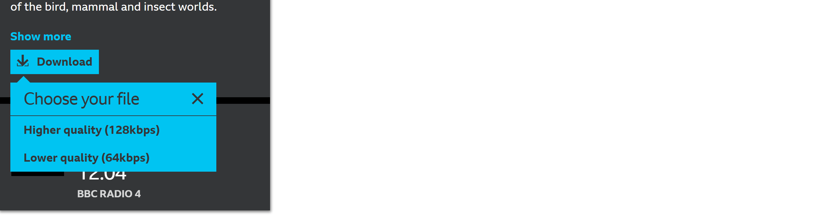 Image showing the download quality options on the website