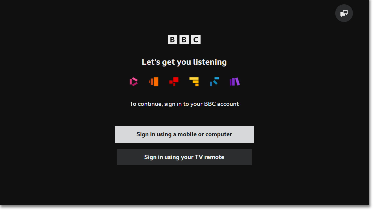 Image of the opening screen on the Sounds app on TV devices with the sign in options showing as well as the speech bubble to change language on the top right