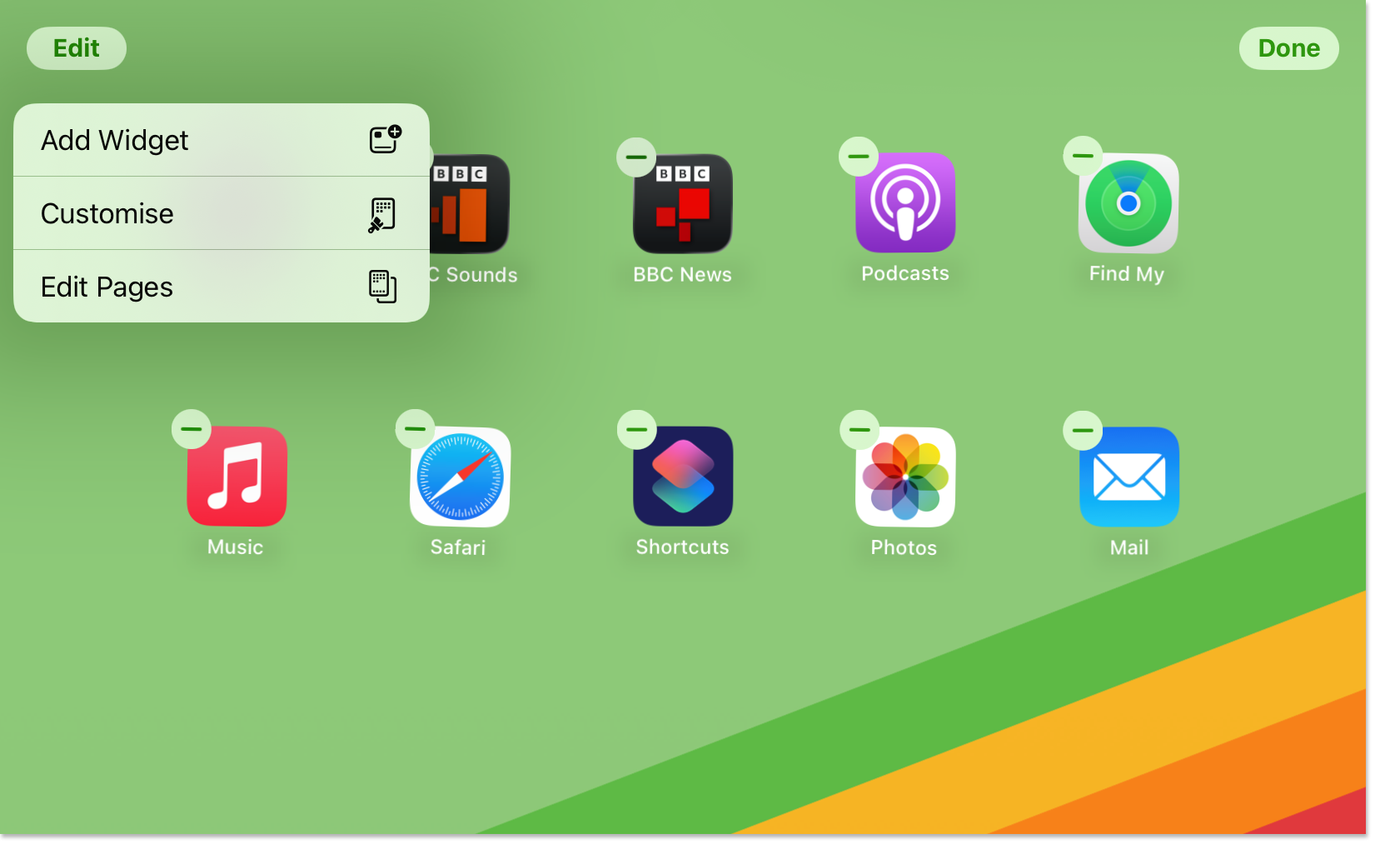 Image of an iPad with the apps jiggling and the 'Edit' options showing on the top left
