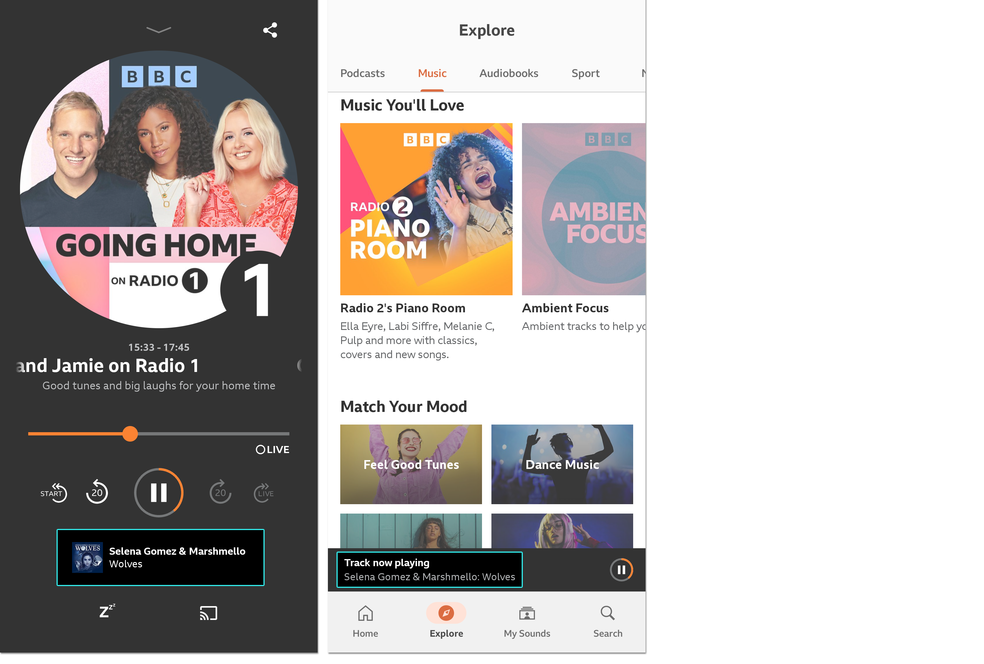 Two images from the BBC Sounds mobile app. The first shows the live playback screen with the 'now playing' track highlighted. The second shows the playback screen when it's minimised to the playback bar and the track is highlighted here too