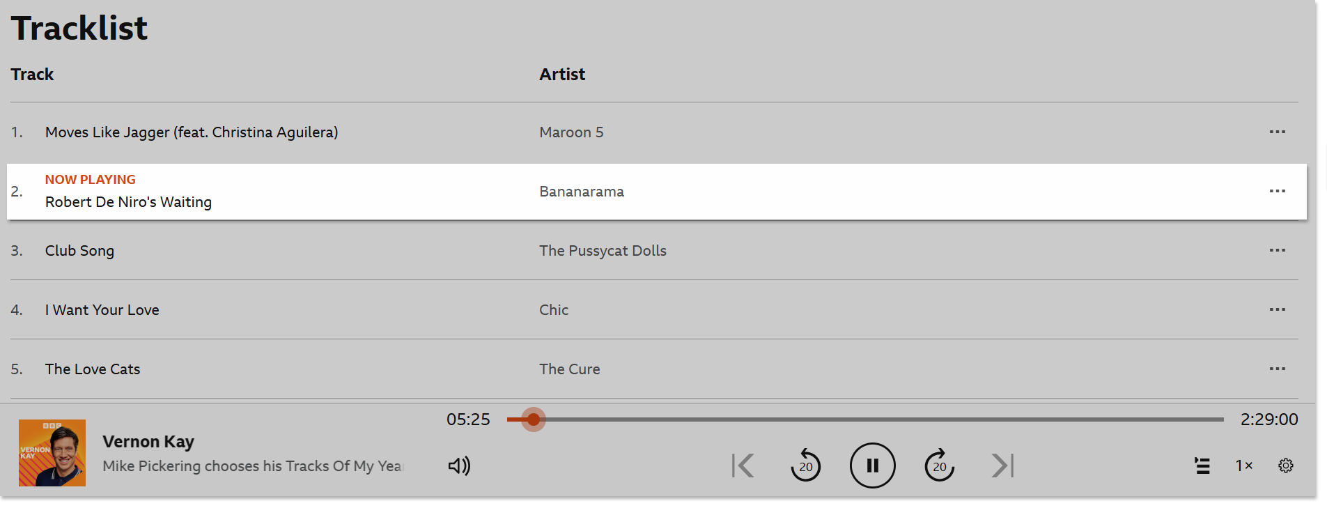 Image of the playback screen on the BBC Sounds website. The tracklist is visible and the 'Now playing' track is highlighted. The title of the show and the programme image are displayed in the playback bar at the bottom