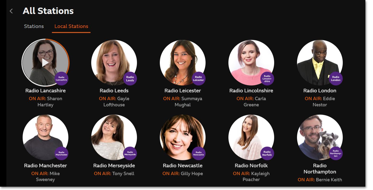 Screenshot of the BBC Sounds TV app open at the local stations page. The National and Regional stations buttons are at the top