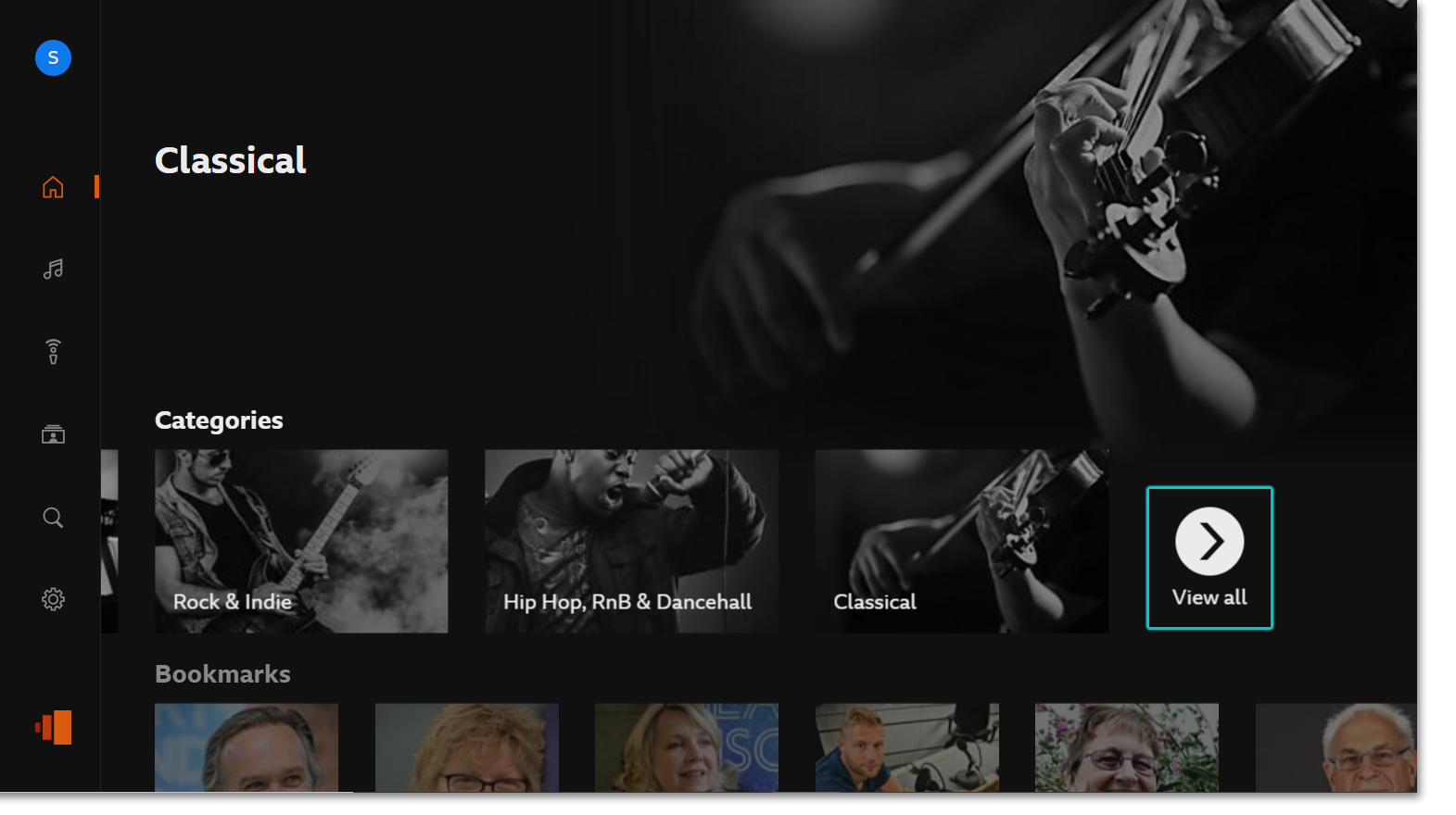 BBC Sounds TV app categories menu with the 'View all' button highlighted on the far right