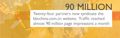 Twenty-four partners now syndicate the bbcchina.com.cn website. Traffic reached almost 90 million page impressions a month
