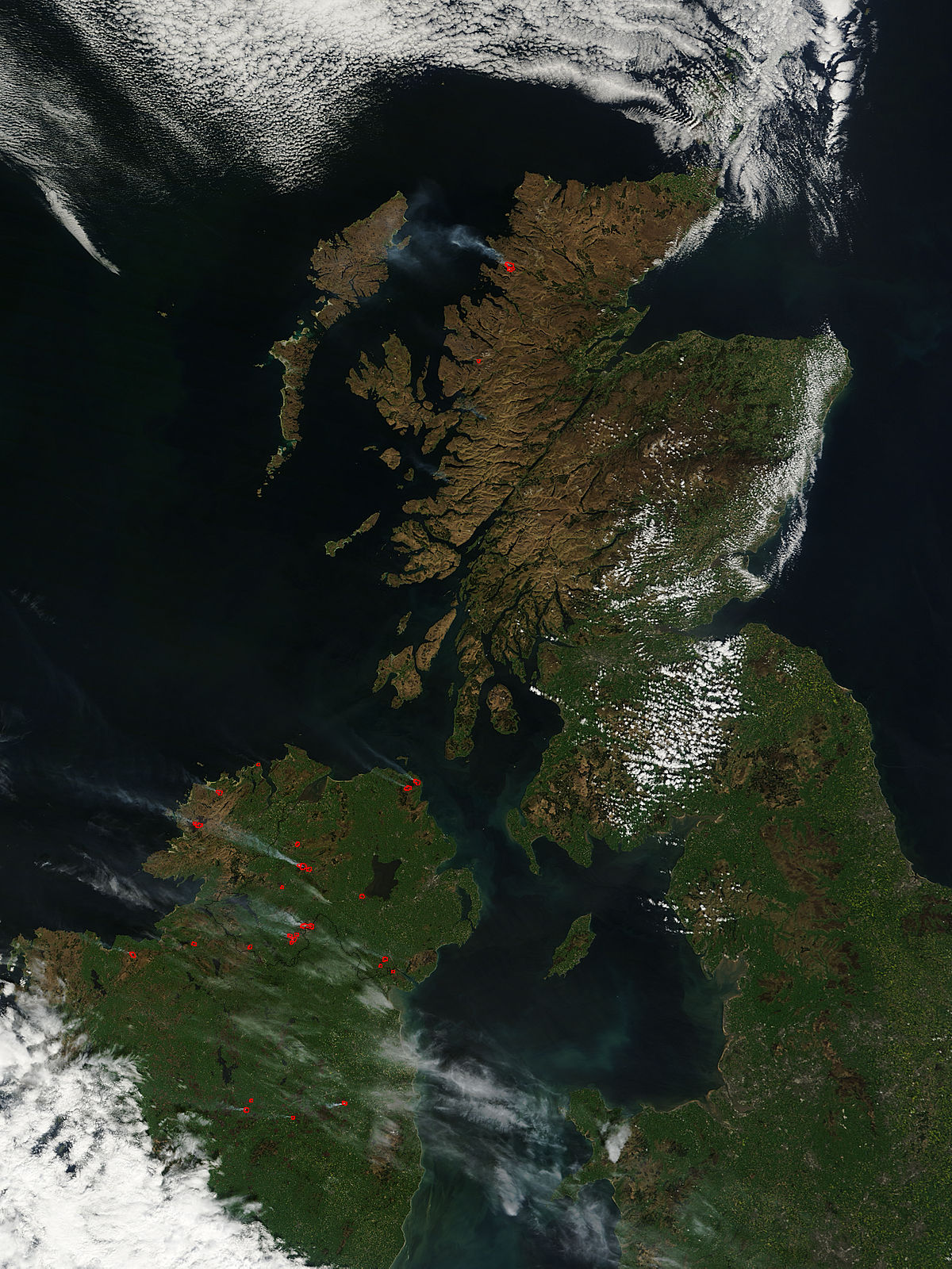 Satellite image of fires in northern ireland and scotland