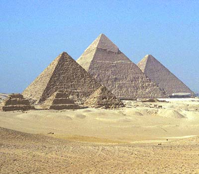 The pyramids at Giza, belonging (from the right) to Khufu (also known as Cheops), Khaefre (Khephren) and Menkaure (Mykerinus)