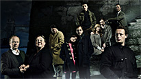 (L-R) Jason Watkins is Mr Boffin, Pauline Quirke is Mrs Boffin, Jamie Foreman is Rogue Riderhood, Lizzy Watts is Lizzie Hexham, Patrick Kennedy is Eugene Wreyburn, Lee Ross is Silas Wegg, Alex Jennings is Charles Dickens, Daisy Haggard is Bella Wilfer, Carl Prekopp is John Rokesmith and Neil Stuke is Bradley Headstone