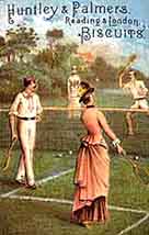 Colour illustration showing mixed doubles on a Victorian lawn, c.1878
